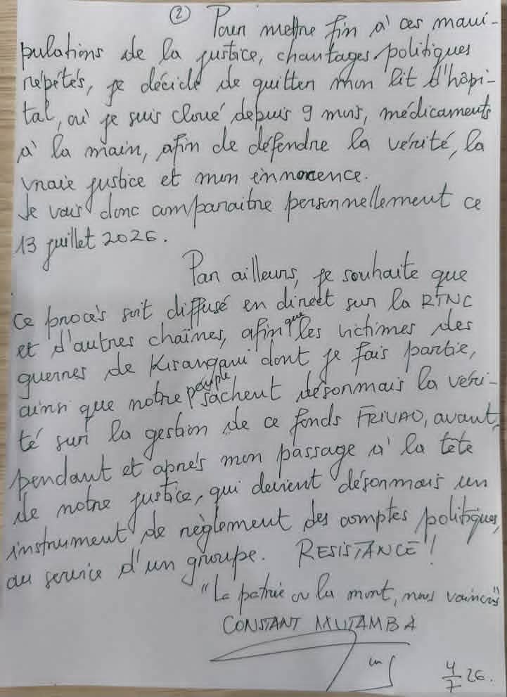 nyangoomari's tweet photo. #RDC : Dans une lettre ouverte, Constant Mutamba annonce sa comparution le 13 juillet devant la Cour de cassation dans l'affaire FRIVAO, qu'il qualifie de « troisième procès politique » contre lui. https://t.co/WQBTCj5Lqe