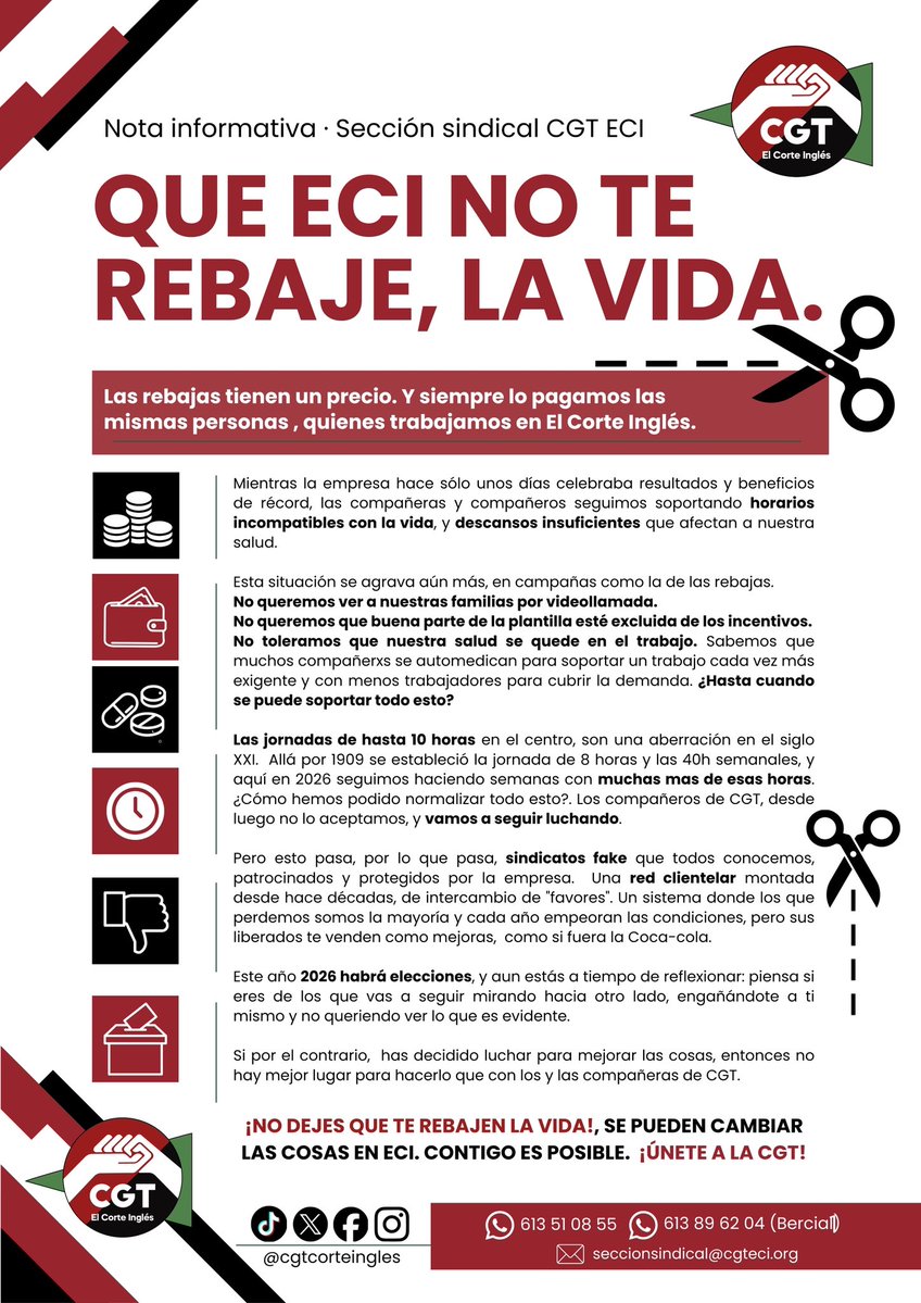 CgtCorteIngles's tweet photo. Volvemos a recordar que aunque los beneficios son de récord. Seguimos sufriendo:

◾️Horarios incompatibles con la vida.
◾️Trabajadorxs excluidos de los incentivos 
◾️Plantillas insuficientes.
◾️Jornadas de hasta 10 horas en los centros 

✂️Las rebajas tienen un precio. Y siempre lo pagamos quienes trabajamos en El Corte Inglés.

Lee nuestra nota completa aquí 👇🏾

✊ #QueECINoTeRebajeLaVida
