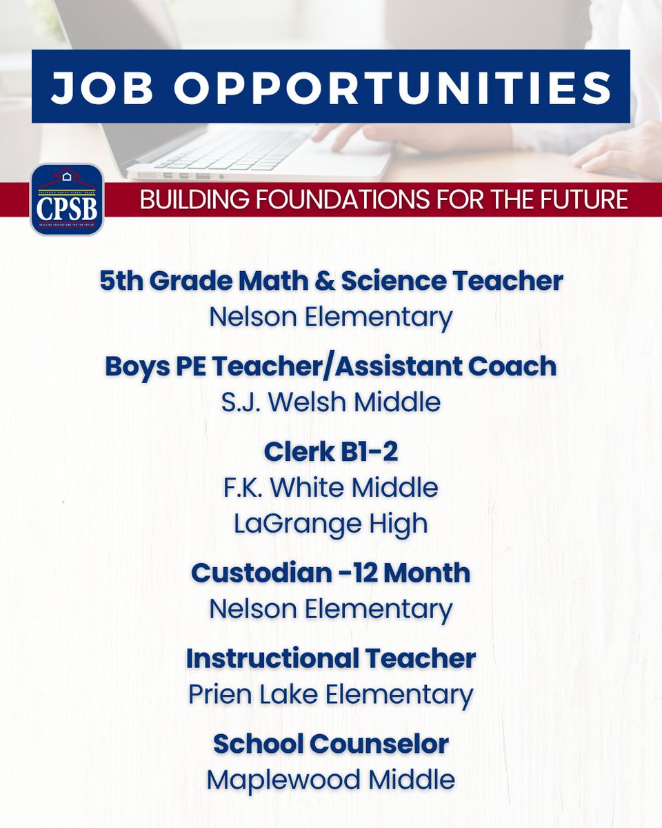 CPSBschools's tweet photo. This Independence Day, celebrate new opportunities with us! We’re sharing a few new openings as we prepare for the upcoming school year. Explore available positions at https://t.co/WPgx3ixq0l. https://t.co/Ohv3dTLnMf