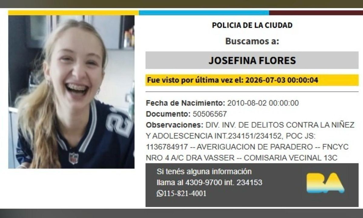 ReyesTuni's tweet photo. 🚨 ALERTA MUJER DESAPARECIDA EN ARGENTINA 🚨

Ayer por la noche desapareció Josefina Flores, en CABA.
Mujer caucásica, delgada, 16 años, rubia, con brackets.

📞 Si tenes información de su paradero llama al 4309 9700 o al WhatsApp 1158214001

DIFUNDIR 🙏🏼 @desaparecidaorg https://t.co/rV1EtXlpuI