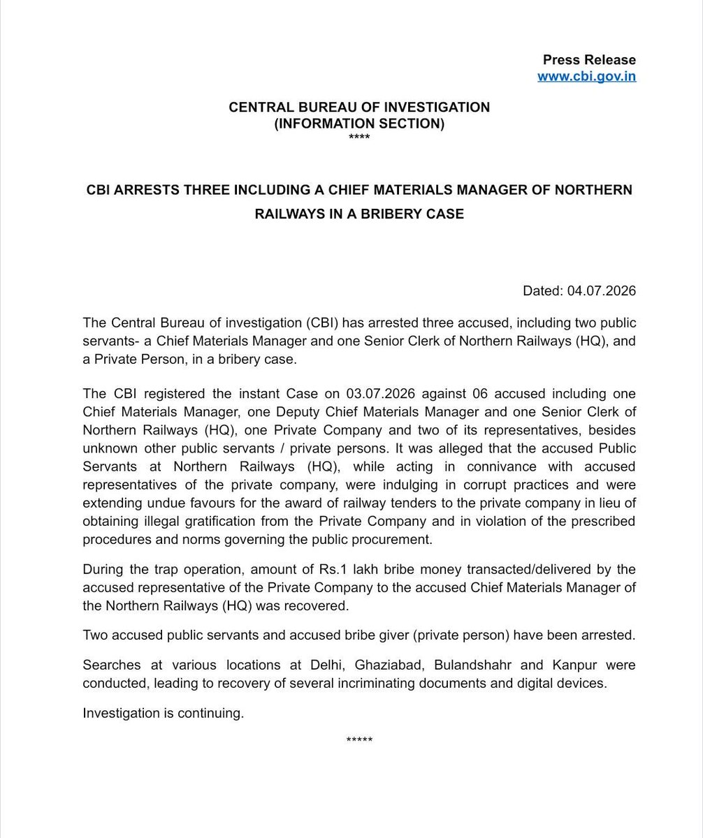 CBIHeadquarters's tweet photo. CBI ARRESTS THREE INCLUDING A CHIEF MATERIALS MANAGER OF NORTHERN RAILWAYS IN A BRIBERY CASE https://t.co/aPpGyoro3Y
