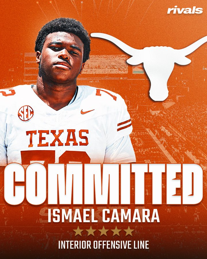 InsideTexas's tweet photo. ISMAEL CAMARA IS A LONGHORN!

The 5-star OT chose Texas over Oregon, SMU, and Texas A&amp;M!

STORY: https://t.co/7605X5tvyh https://t.co/koIYpug4RI