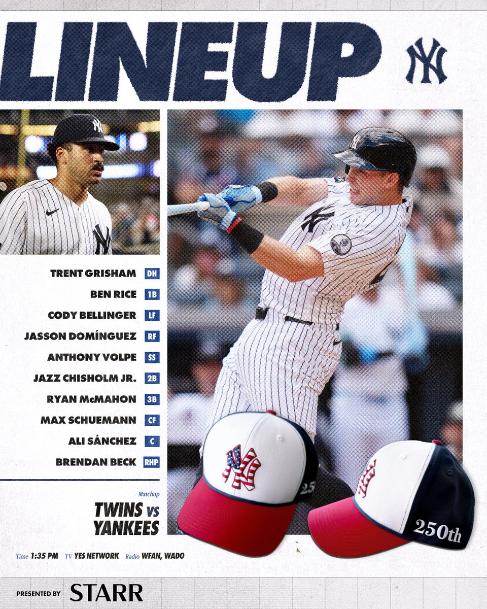 CoolYanksFan's tweet photo. #YankeesFans heres this afternoons @Yankees lineup as @Yankees look to win this series over the @Twins with a powerful lineup and with @Yankees @brendan_beck3 and with @Yankees #AliSanchez catching 

#LetsGoYankees
#YANKSonYES
#RepBX vs #MNTwins 
#BrandanBeck 
#Yankees
#July4th https://t.co/oANCYDVNl5