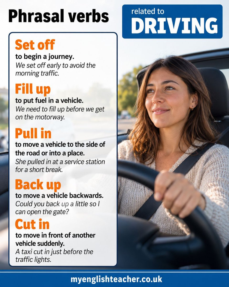 MyLinguaAcademy's tweet photo. Learn phrasal verbs related to driving
#learnenglish #phrasalverbs https://t.co/mataO8rCWp
