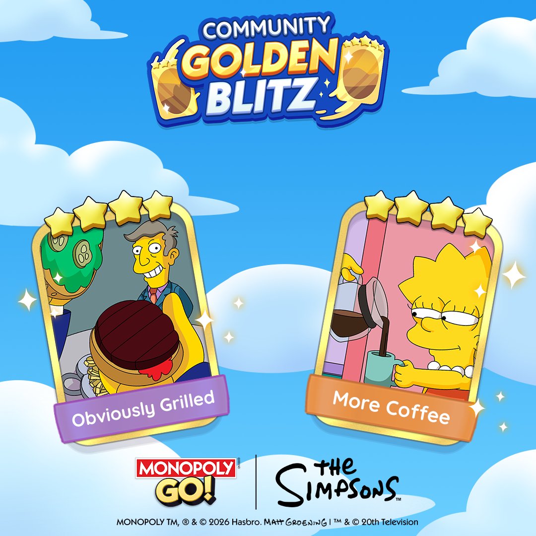 MonopolyGO's tweet photo. THE COMMUNITY GOLDEN BLITZ IS LIVE!

The Gold Stickers YOU voted for are officially ready to trade:

Obviously Grilled from Set 15

More Coffee from Set 16

Find your trading partners below! 👇

https://t.co/QZkA17mn6l https://t.co/cfCxmuSRXw