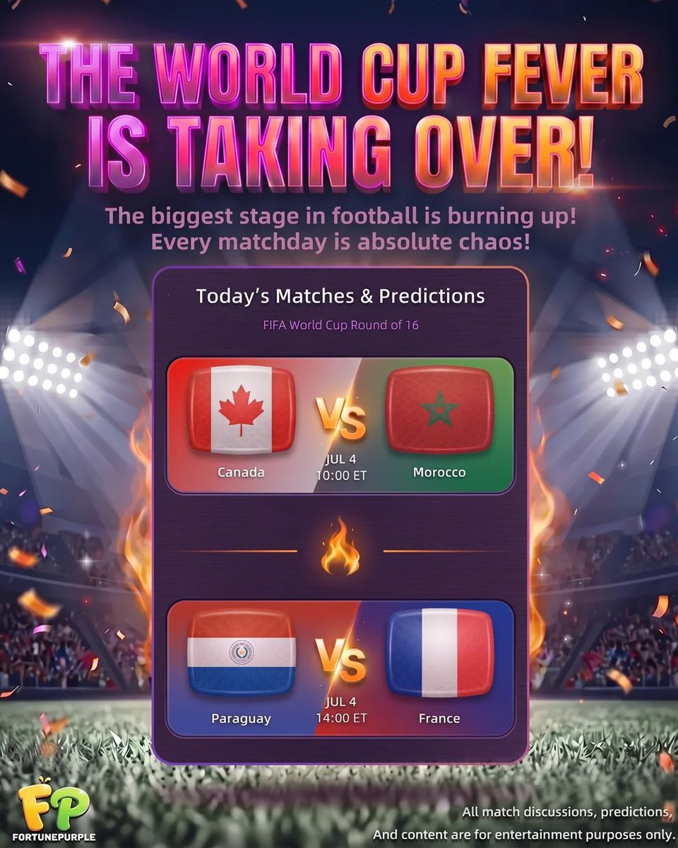 Fortunepurple_'s tweet photo. Round of 16 kicks off… who are you supporting? ⚽🔥

📅  Today's Matches &amp; Predictions：
 Canada vs Morocco. 
Paraguay vs France.
 
#WorldCup2026  #FIFAWorldCup
#WorldCup #pov #fortunepurple #fyp https://t.co/77GXvv7ge5
