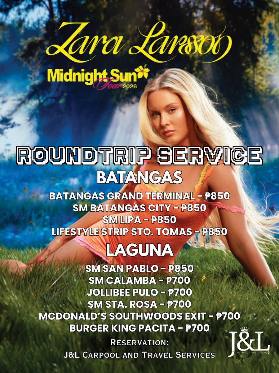 jandlcarpool's tweet photo. Carpool ~ roundtrip service for #ZaraLarsson is ongoing!  🎤

Zara Larsson: Midnight Sun Tour 2026

📍 Smart Araneta Coliseum
📅 October 30, 2026

BOOK HERE: https://t.co/QAkkMxvrCd

Batangas Laguna Cavite

#ZaraLarssonInManila https://t.co/Crue5wz6Dv
