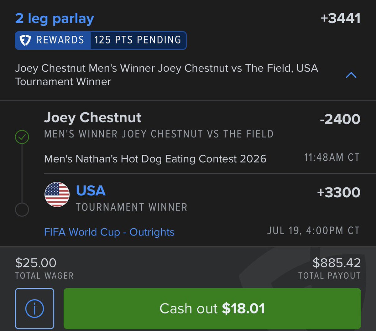 LilJohn563's tweet photo. One down, one to go

@FDSportsbook 

#America https://t.co/9GJtgfrvkP