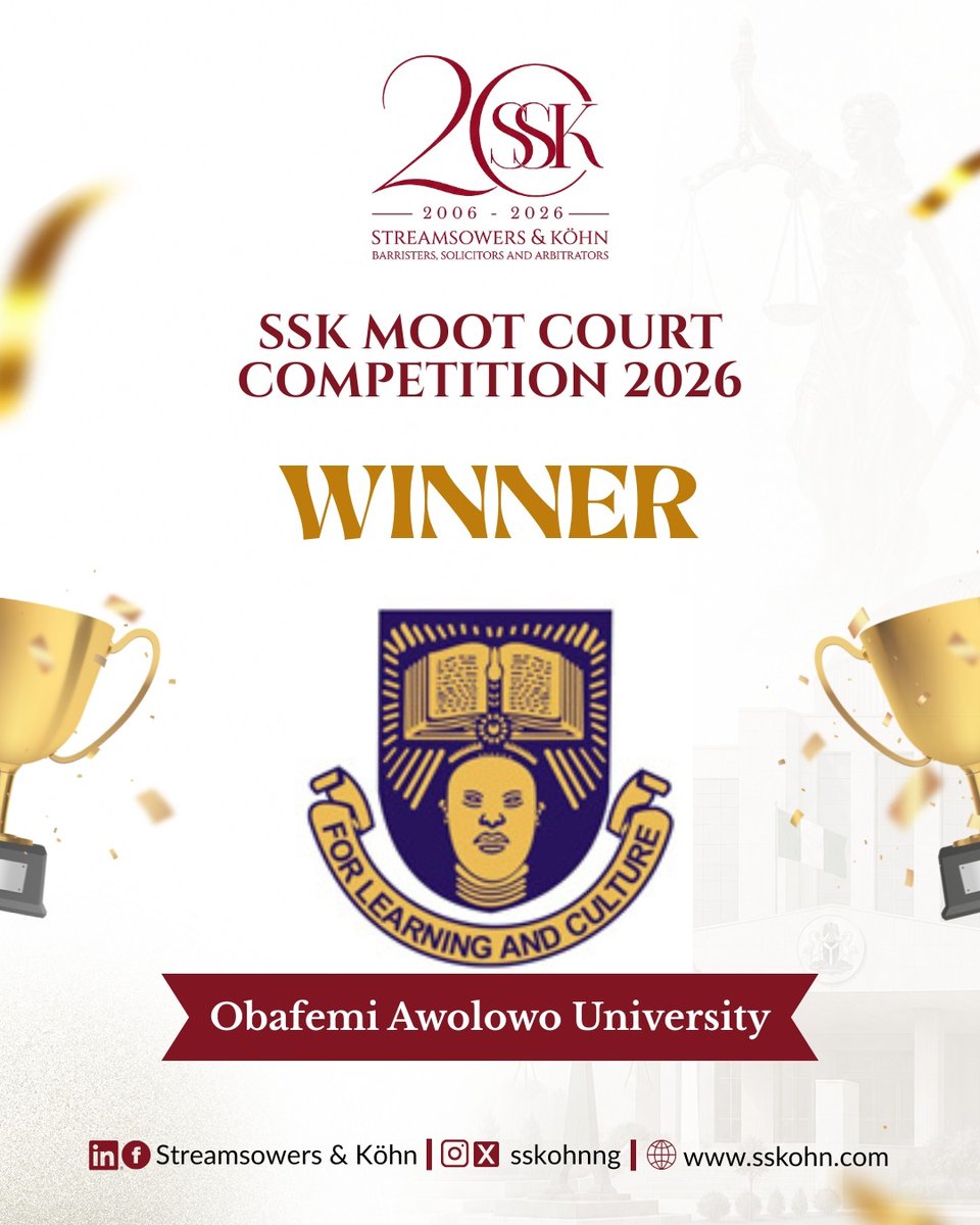 SSKohnNG's tweet photo. The SSK Moot Court Competition concluded today with one winning university.
Congratulations to Obafemi Awolowo University, winner of the SSK Moot Court Competition.
#SSKMootCourtCompetition #SSKat20 #WeAreSSK https://t.co/Uk5sM68FNm