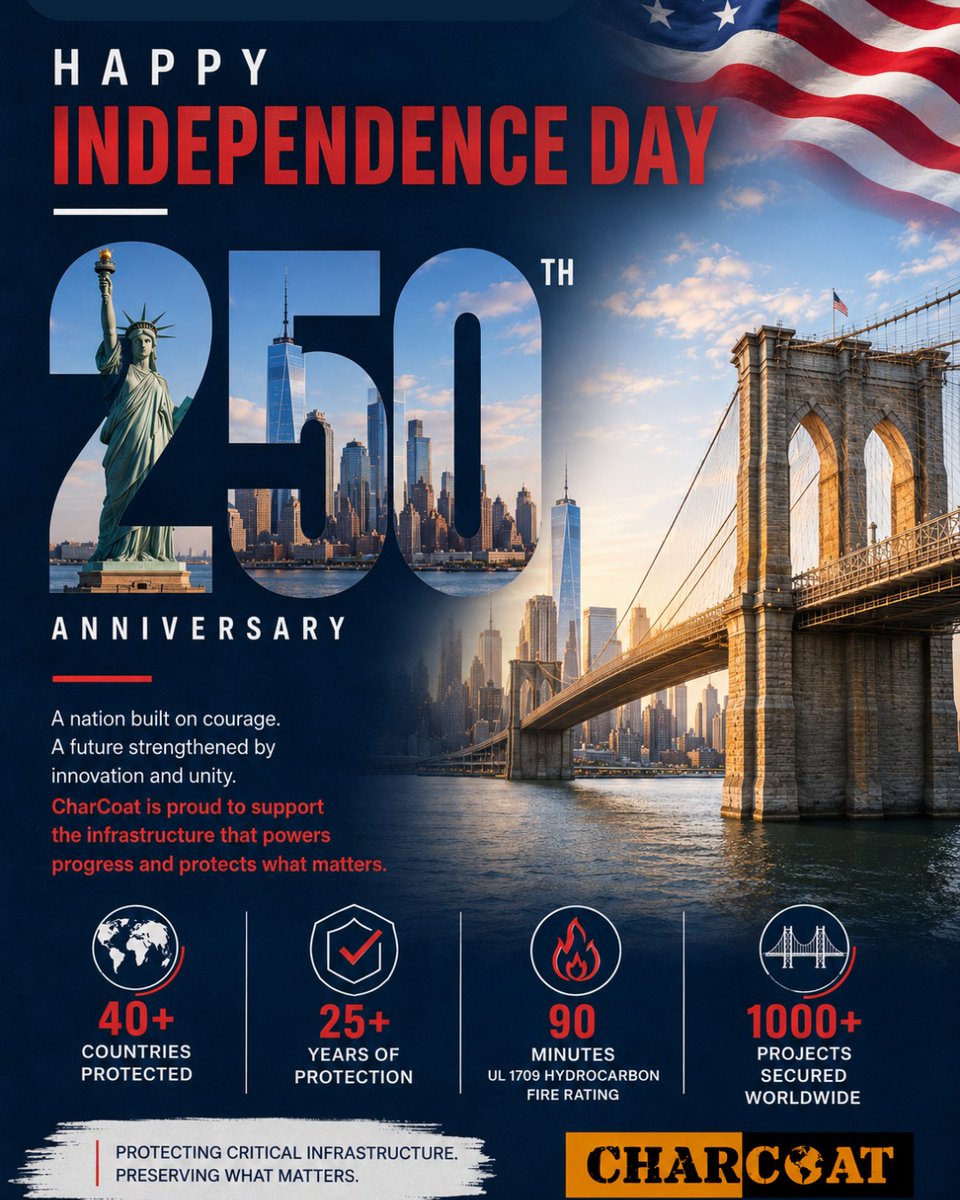 CharCoatPFP's tweet photo. Celebrating 250 years of independence, resilience, and progress.

This Independence Day, CharCoat extends our best wishes to our customers, partners, and communities across the United States.

#IndependenceDay #USA #CriticalInfrastructure #IndustrialSafety #CharCoat https://t.co/fxKMebAKy6