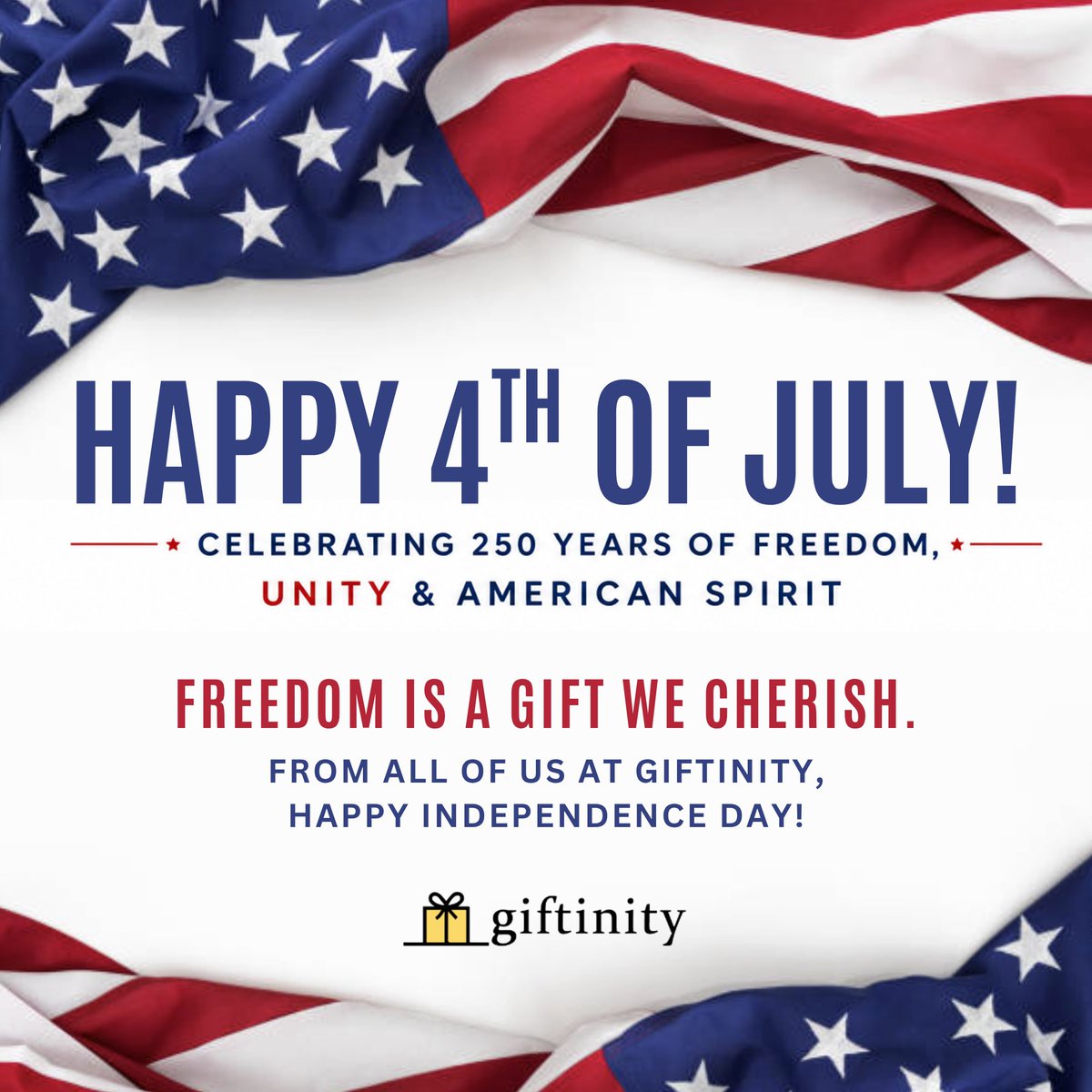 GiftinityAI's tweet photo. 🇺🇸 Happy Independence Day! As we celebrate 250 years of freedom, we honor the values that unite us—liberty, unity, and hope.

From all of us at Giftinity, wishing you a safe and joyful Independence Day filled with pride and gratitude. https://t.co/26pRrp5AjW