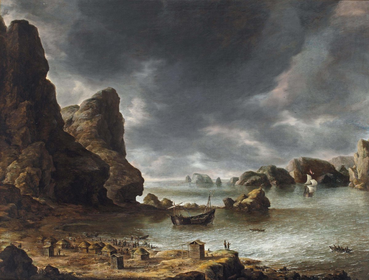Goudriaan2's tweet photo. A view of a bay with rocks, possibly Smeerenburg 
Jan Beerstraaten, 17th century

Smeerenburg means "Blubber Town". Dutch whalers founded this Arctic settlement on Svalbard in 1619. They used it to boil whale blubber into oil. The town was abandoned by the 1660s. https://t.co/tNE2oyf9fw