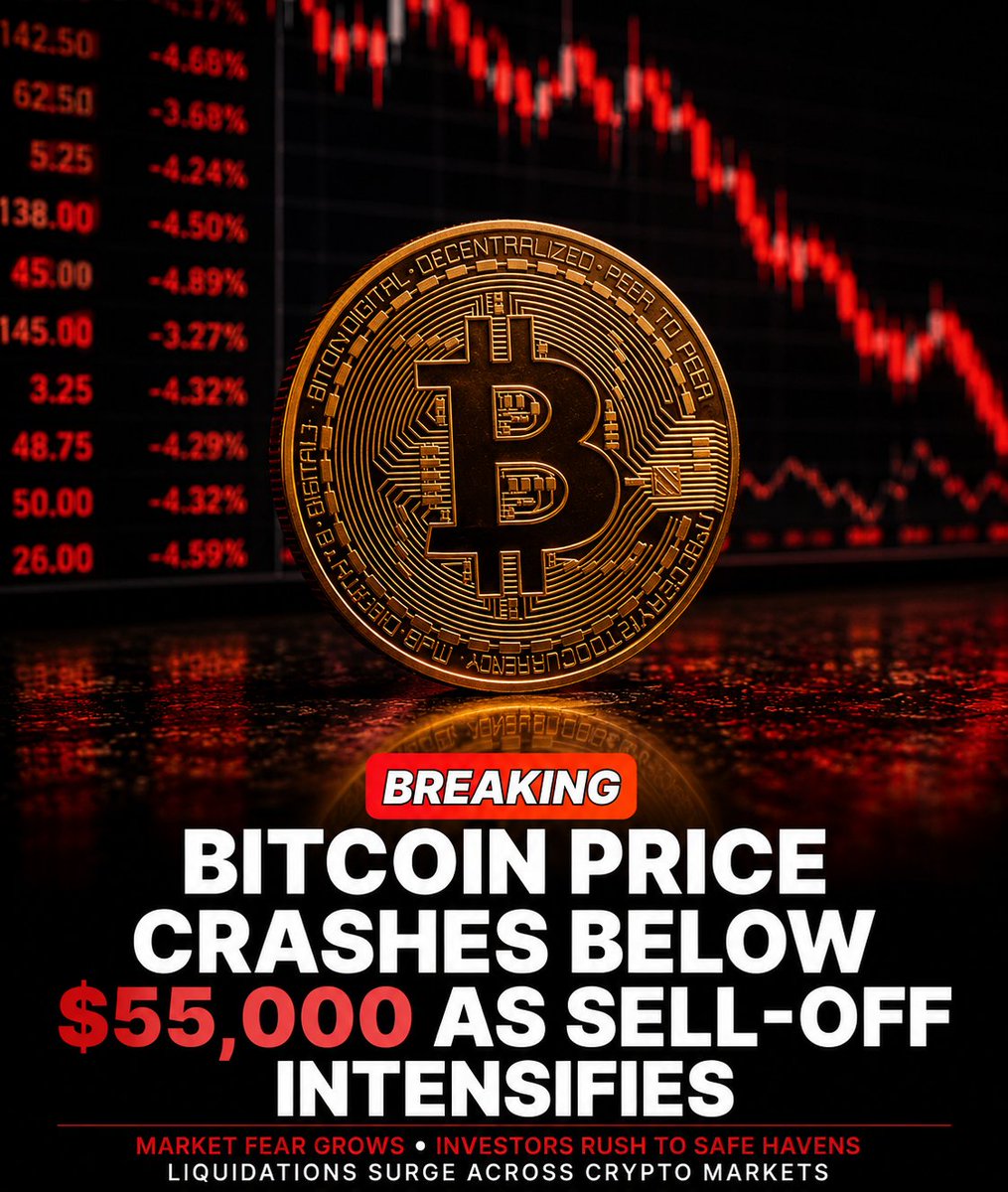 ChainBrief's tweet photo. BITCOIN PRICE CRASHES BELOW $55,000 AS SELL-OFF INTENSIFIES #btc https://t.co/hdix7PvXC4