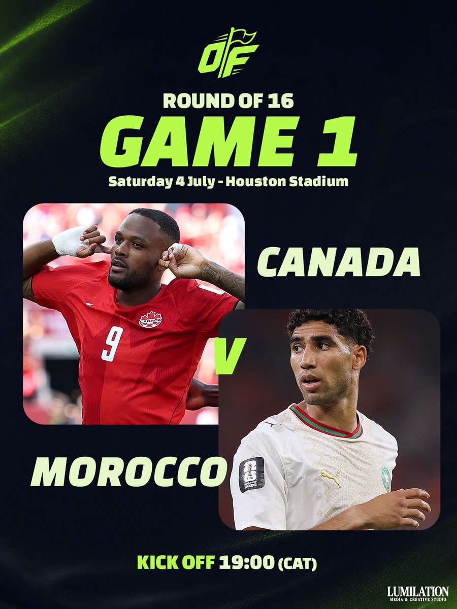Offside_ZA's tweet photo. Canada vs Morocco. Drop your prediction and your final score below.

The Atlas Lions have a continent behind them. 

#FIFAWorldCup #WorldCup2026 #RoundOf16  #AtlasLions #DimaMaghrib #Football https://t.co/PkcngUQZtL