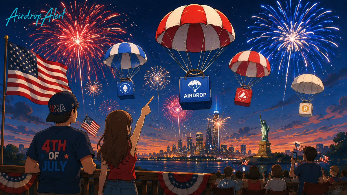Airdropalertcom's tweet photo. 🇺🇸 Happy 4th of July to everyone celebrating today!

Wishing you a day filled with family, friends, great food, and plenty of fireworks. 🎆

Whether you're enjoying the holiday or watching the markets from the sidelines, we hope you have an amazing weekend.

Stay safe, have fun, and may your next airdrop land as smoothly as the fireworks light up the sky. 🪂🎁