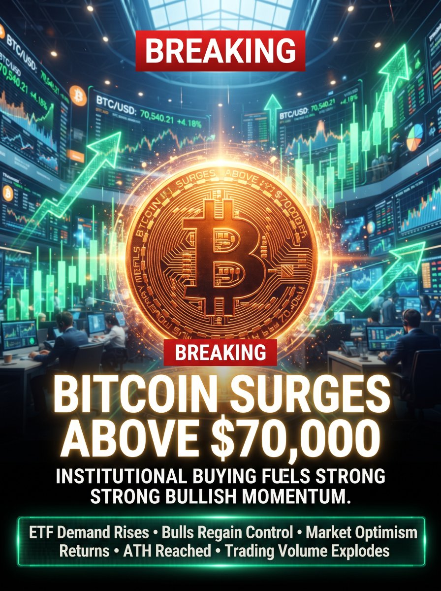 ChainBrief's tweet photo. The momentum is undeniable! 🔥 Bitcoin smashes past the $70,000 mark as massive institutional buying fuels the fire. 🚀

Are we looking at a straight run to a new all-time high, or a brief consolidation next? Let me know your moves below! 👇 #Bitcoin #BTC #CryptoNews #Bullish https://t.co/HT5diSWyLP