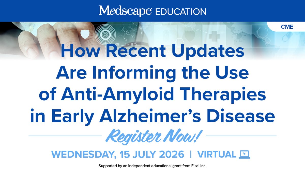 Medscape's tweet photo. 💻 Virtual Event!
🥼 Neurologists, Neuroradiologists, PCPs, Geriatricians, Psychiatrists, NPs, PAs, and Nurses. 
🧠 Learners will be better able to summarize recent data on the use of AATs for early stages of AD and select and monitor patients receiving an AAT for the management of early stages of AD. 

👉 https://t.co/kXI1Nuu6qo
