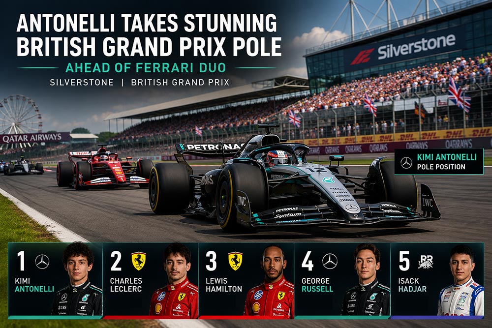 GPF1Adventures's tweet photo. What a qualifying session at Silverstone!

Mercedes sensation Kimi Antonelli stormed to pole position!

Can the young Italian convert pole into victory! 🇬🇧

https://t.co/MYYvD8ClgW
#BritishGP #Silverstone #F1 #Formula1 #KimiAntonelli #MercedesF1 #Ferrari #LewisHamilton https://t.co/ZvEMXCfHyX