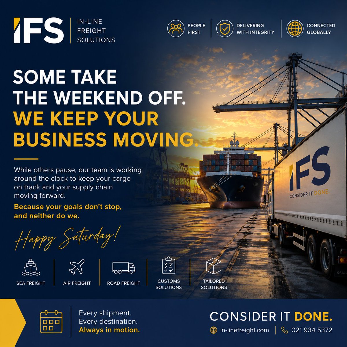 inlinefreight's tweet photo. Some take the weekend off.
We keep your business moving.
Reliable logistics. Trusted global partners. Seamless freight solutions.
Consider it Done.
🌐 https://t.co/ZJt7sxHdOH
#Logistics #FreightForwarding #SupplyChain #ConsiderItDone https://t.co/sU3gaqJBl3