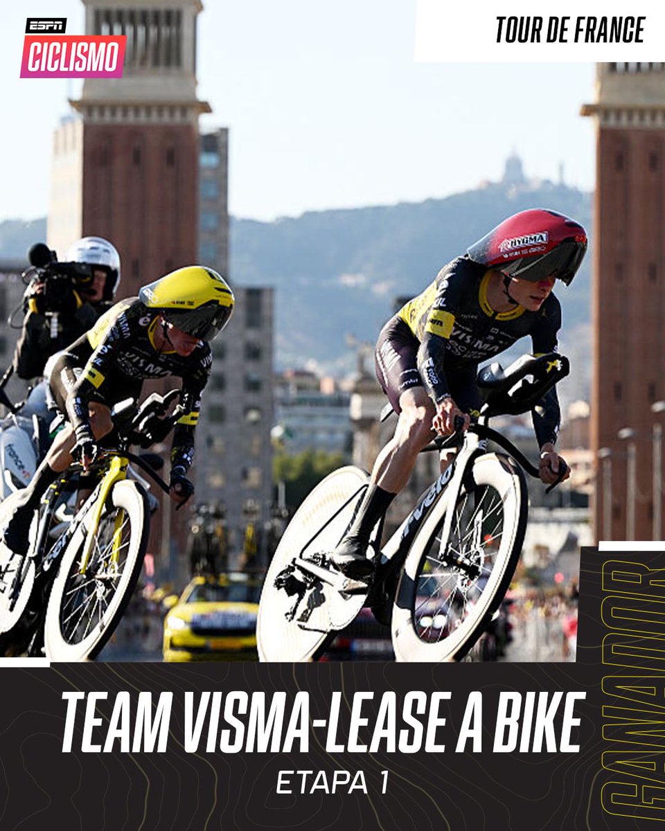 ESPNCiclismo's tweet photo. ¡APARECIÓ JONAS VINGEGAARD! 👑🔥

El Team Visma-Lease a Bike ganó la etapa 1 del Tour de France y el gran triunfador es el danés que se volverá a vestir de amarillo. 💛

El Ineos y el UAE Team completaron el podio. https://t.co/RQmZUCBqxh