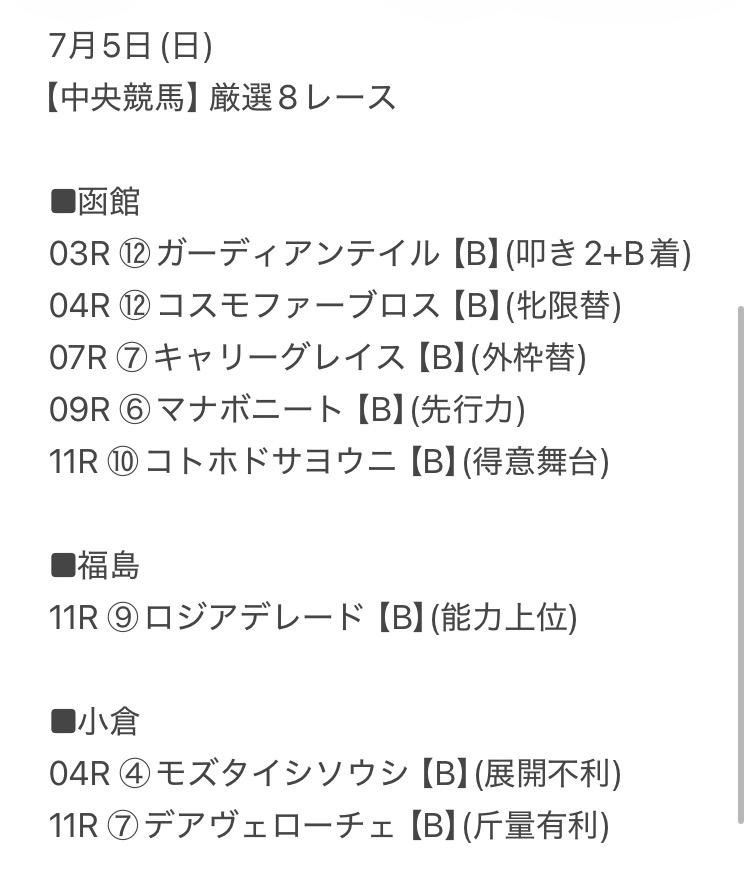 sylphy_x's tweet photo. 7/5中央競馬
2026年も下半期突入！夏競馬🏇

 函館5鞍＋福島1鞍＋小倉2鞍＝全8鞍にて

👇見解はコチラ（無料）
https://t.co/w5FVWSoCfG https://t.co/MqwM9u8Lpk