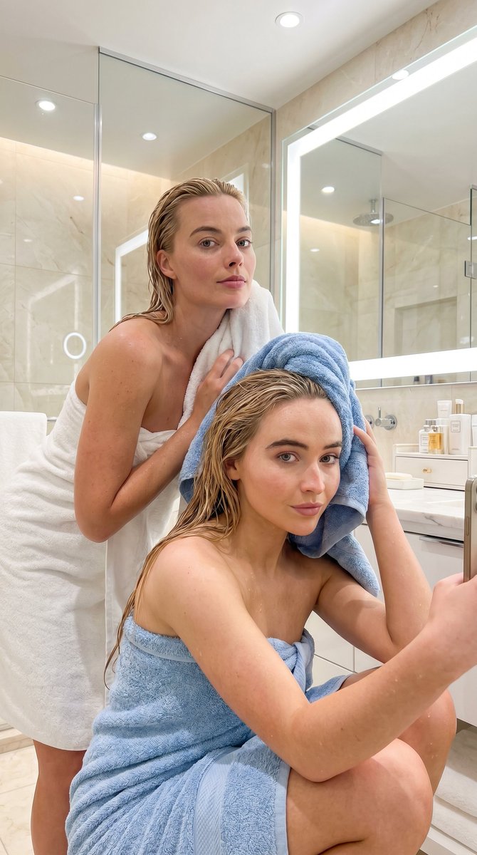 wizardai0's tweet photo. this is what “quick bathroom selfie” turned into

💗 Sydney Sweeney + Madelyn Cline
🤎 Barbara Palvin + Ana de Armas
💙 Sabrina Carpenter + Margot Robbie

Nano Banana prompt 👇 https://t.co/x0YmF7yweL