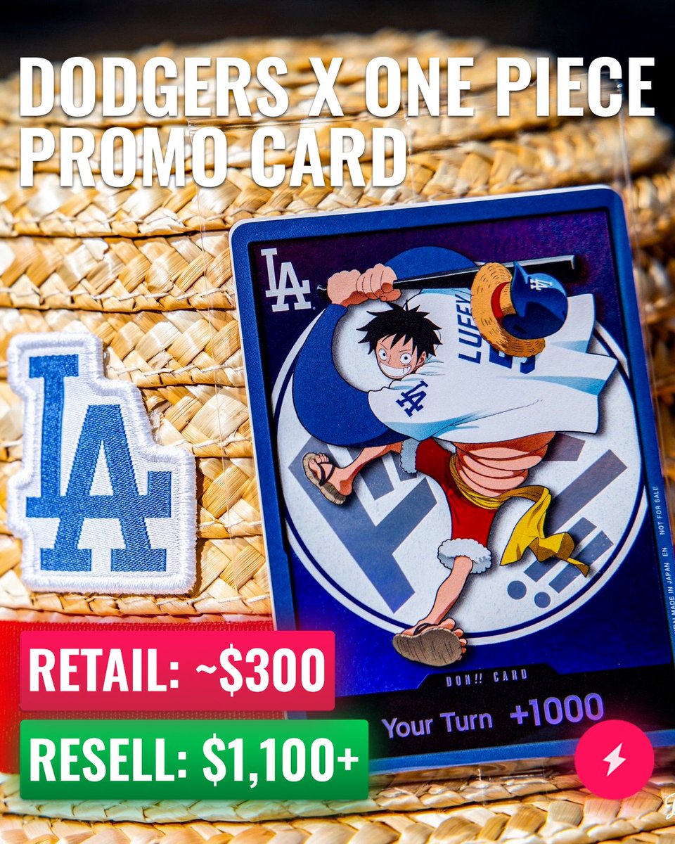 AMNotify's tweet photo. Dodgers x One Piece promo card 🏴‍☠️⚾

🎟️Ticket: ~$300
🃏Card Resale: $1,100+

Members who set sail for the ballgame left with treasure! 💎 https://t.co/0TsOUXgs4H