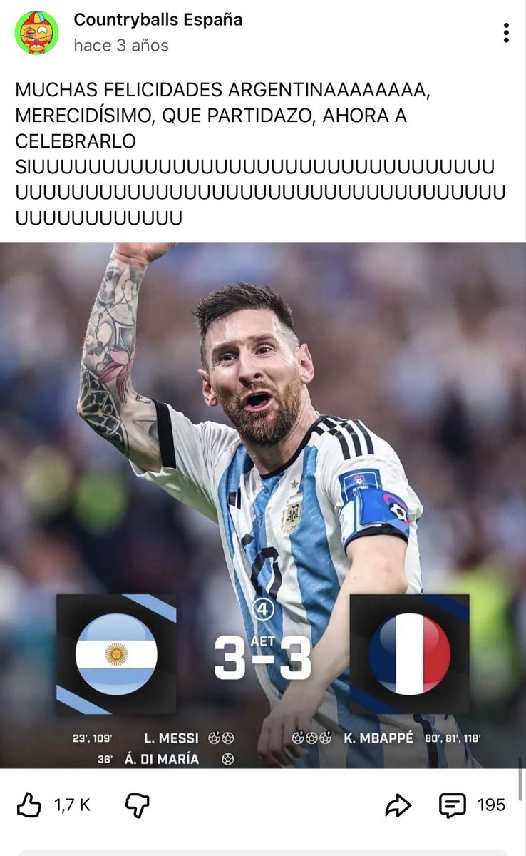 Adriespadas's tweet photo. En 2022 celebré como nunca la victoria de Argentina en el mundial.
Hoy muchísima gente quiere que pierda y cosas peores.
En 2022 pensabais igual o celebrasteis la victoria de Argentina? https://t.co/ttn3qKopxF