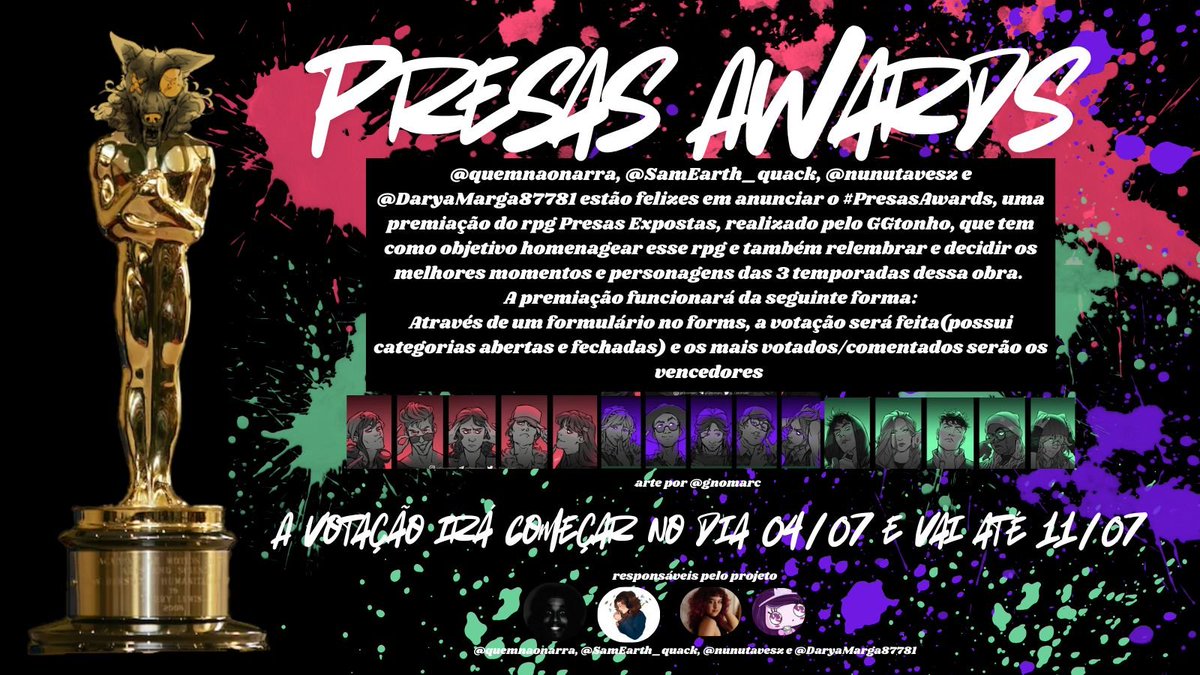 quemnaonarra's tweet photo. EI VOCÊ! 🫵
Já pensou em conseguir homenagear o universo de #PresasExpostas elegendo o seu personagem favorito em diversas categorias? Pois agora você tem essa chance! 
Idealizado por: @quemnaonarra; @nunutavesz; @SamEarth_quack, @DaryaMarga87781 
#PresasAwards
+ https://t.co/fHSssXVMBS