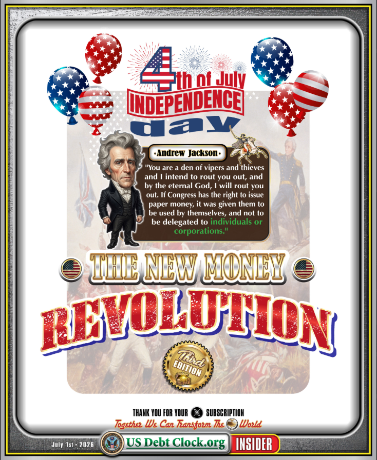 MAGAnon's tweet photo. US DEBT Clock showing a 3rd edition of the downloadable PDF should be available at 3PM EST today. Also subscriber version shining light on Andrew Jackson (Route you out you den of vipers). https://t.co/S6me31Hhag