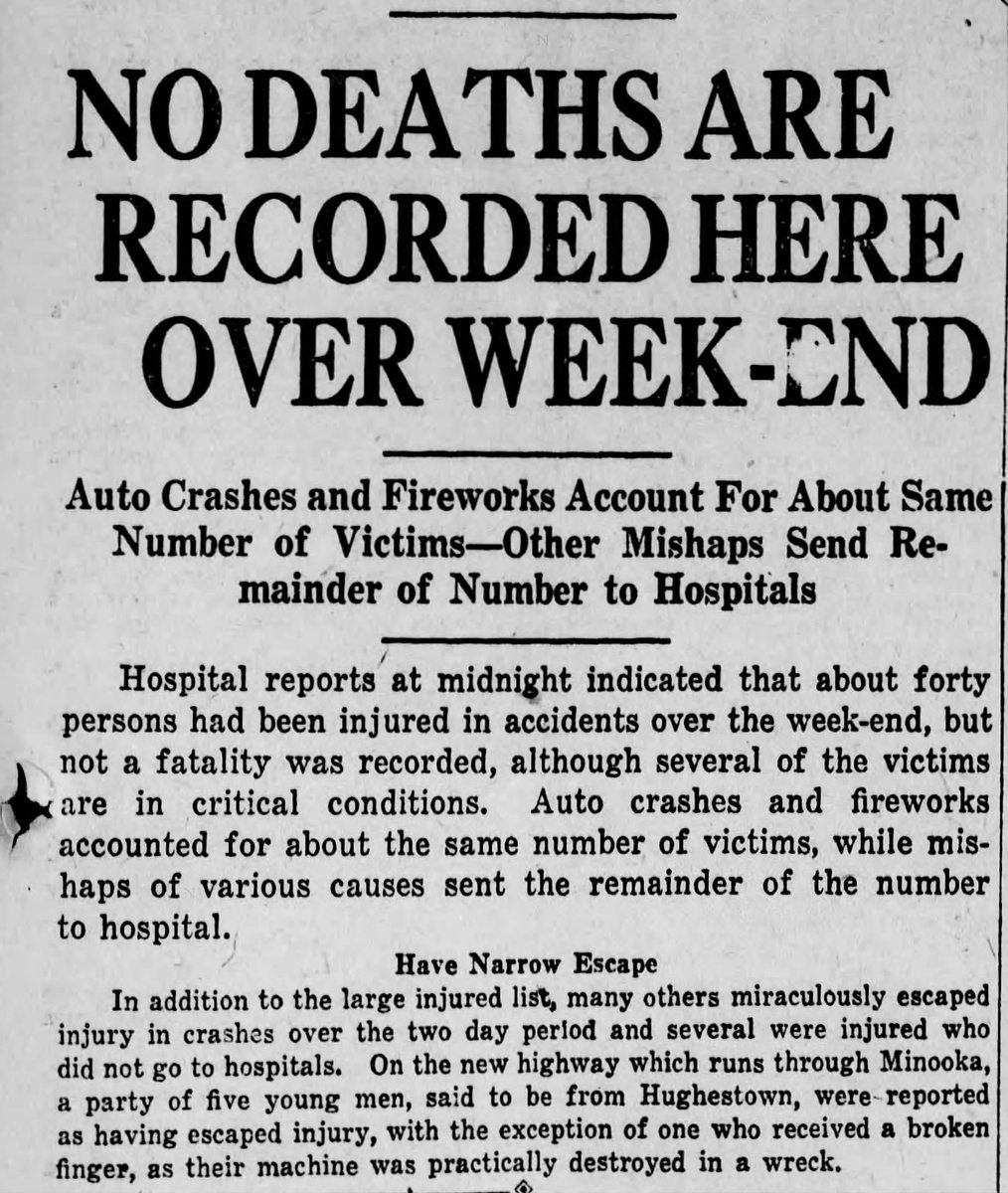 NEPA100Years's tweet photo. 🏥 No Deaths Reported in Scranton Over Holiday Weekend
🗞️ The Scranton Republican · July 5, 1926 · Page 3

Scranton’s Fourth of July weekend has passed without a recorded fatality, though hospital reports at midnight show about forty people injured in accidents across the area.

The paper reports that automobile crashes and fireworks accounted for about the same number of victims. Other mishaps sent the rest to local hospitals, and several of the injured are said to be in critical condition.

Many others narrowly escaped injury over the two day period. On the new highway through Minooka, five young men believed to be from Hughestown escaped serious harm when their automobile was practically destroyed in a wreck. One of them reportedly suffered a broken finger.

After Saturday’s warning from “Father Scranton” about last year’s Fourth of July toll, the city appears to have avoided a repeat of the 1925 fatalities, though the holiday still left a long list of injuries.

#NEPA #Scranton #LackawannaCounty #FourthOfJuly #Minooka #Hughestown #100yearsago #1920s

🗞️ The Scranton Republican · July 5, 1926 · Page 3 - Scranton, Pennsylvania
