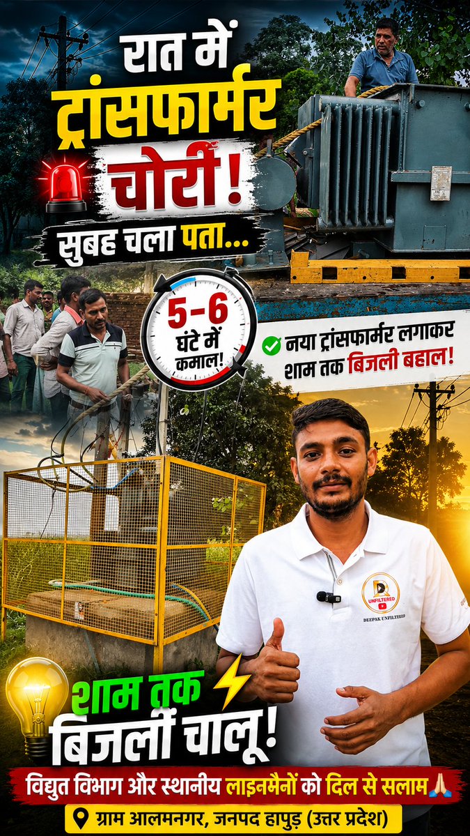 deep_unfiltered's tweet photo. ग्राम आलमनगर, हापुड़ (उत्तर प्रदेश) में रात में ट्रांसफॉर्मर चोरी/नुकसान की घटना के बाद सुबह मामला सामने आया। इसके बाद विद्युत विभाग और स्थानीय लाइनमैनों ने तेजी से काम करते हुए उसी शाम नया ट्रांसफॉर्मर लगाकर बिजली आपूर्ति बहाल कर दी।
@aksharmaBharat
@EMofficeUP #Hapur #UPPCL https://t.co/NqH25eMl5W