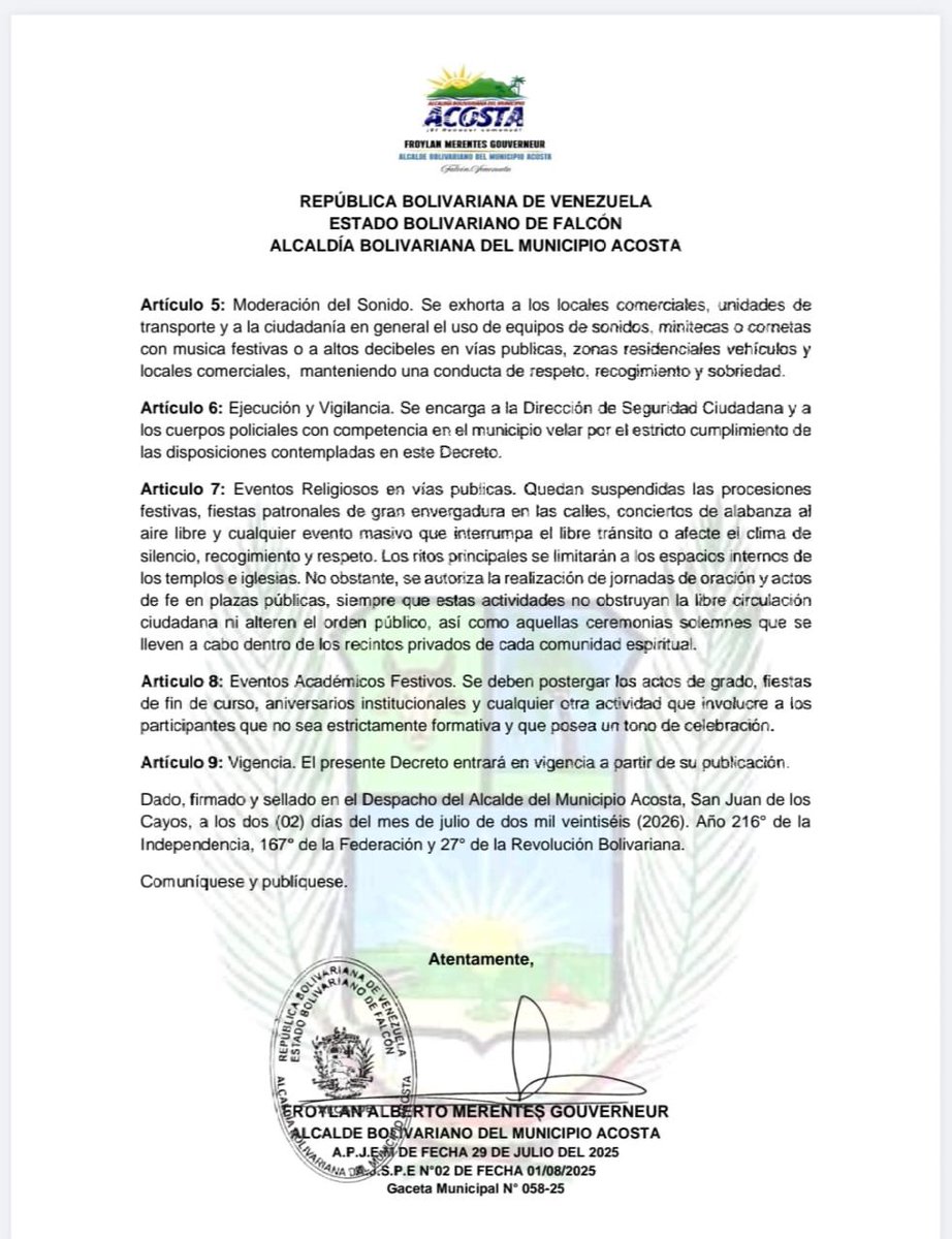 froylanmerentes's tweet photo. El Alcalde Froylan Merentes Gouverneur, mediante el Decreto Nº 0002-2026, declara la adhesión total del Municipio Acosta a los 7 días de Duelo Nacional decretados por el Ejecutivo Nacional, en memoria de las víctimas de la tragedia natural que enluta al país. 🇻🇪🤍🕊️ #Falcón https://t.co/4wgIPR4WTm