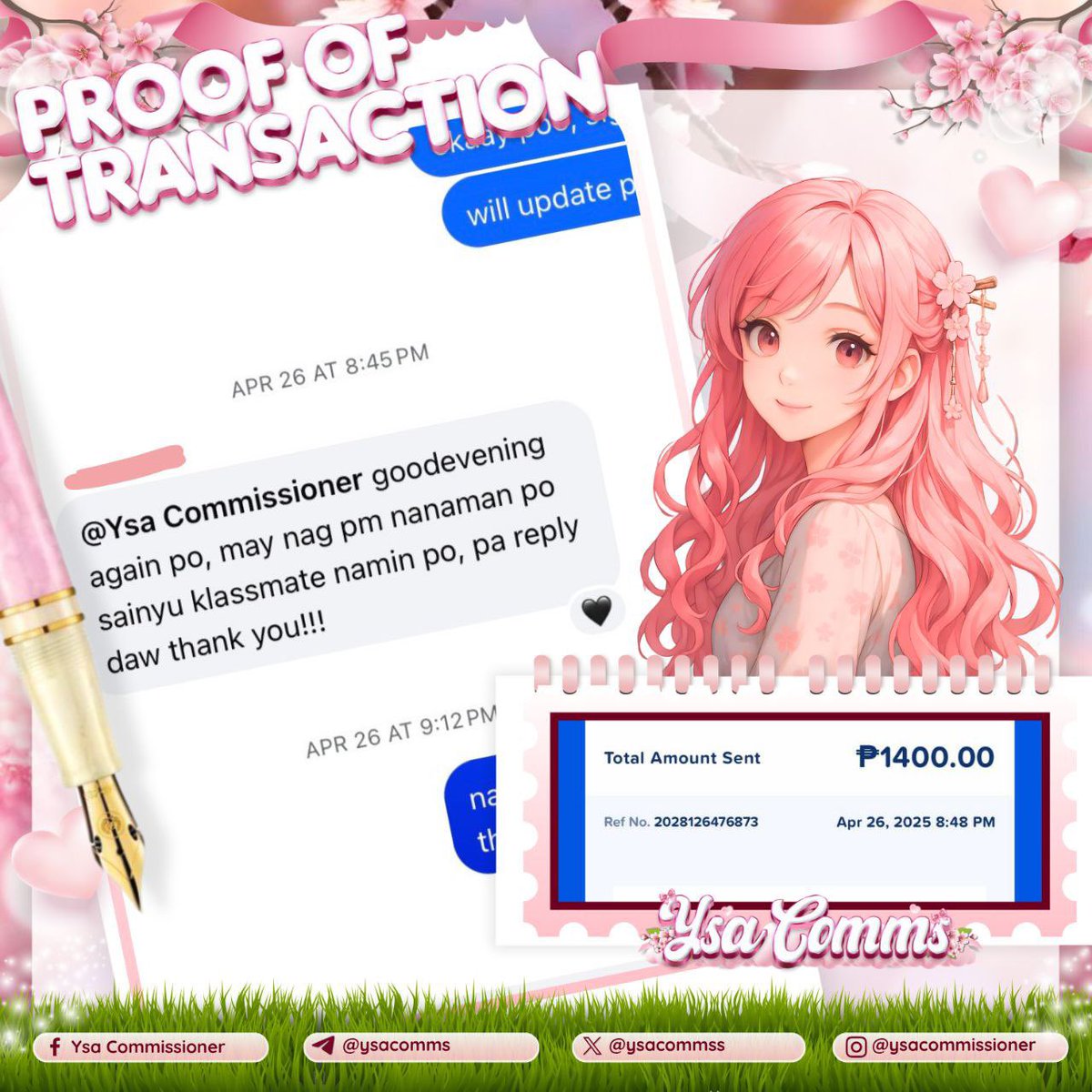 ysacommss's tweet photo. 🌸 || #ysatransactions ੈ✩‧₊˚

╰┈➤ secured task — chapter 3 | 2,800

Connect with us via:
tg. @ysacomms
fb. Ysa Commissioner
ig. @ysacommissioner

For more information about our services, samples and feedbacks, check out our TG for more details. https://t.co/49hWXlv5U6
