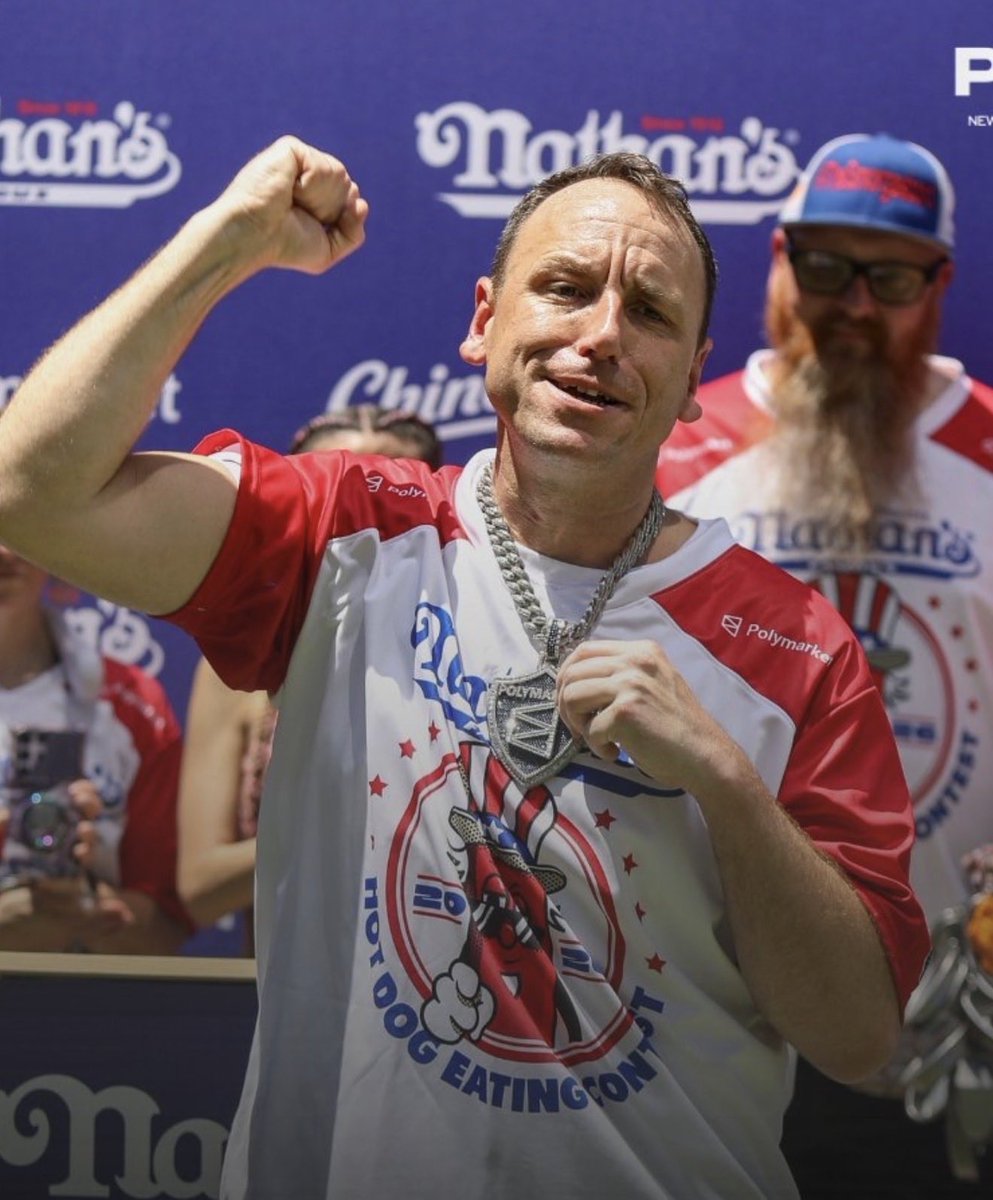 Polymarket's tweet photo. JUST IN: Joey Chestnut downs 66 glizzies to take home his 18th gold at the Nathan’s Hot Dog Eating Contest. https://t.co/XPN3RZWQZQ