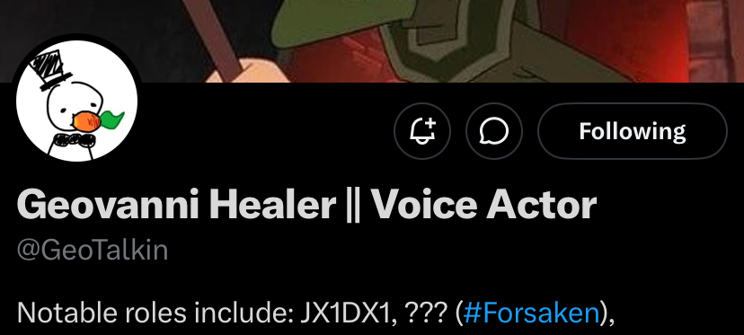 Forsaken_News's tweet photo. 🚨News🚨

@GeoTalkin has added "???" as one of their VA roles for Forsaken, this could mean that the JX1DX1 replacement or another skin might have voicelines!

#Forsaken #forsakenroblox #??? https://t.co/tRr60obIDX
