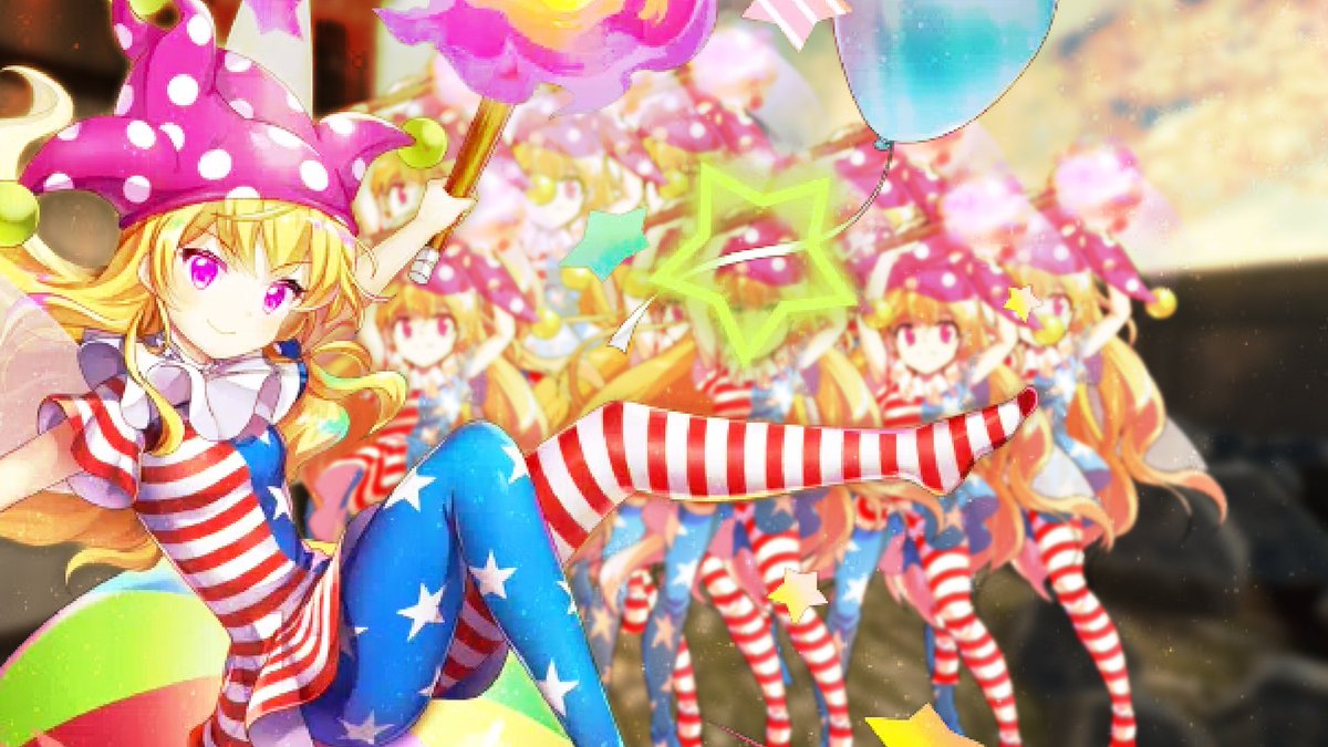 Tricky_tanuki_'s tweet photo. Happy July 4th, Americans!

To celebrate it being the 250th, me and 249 Tanuki have disguised as our resident Independence Day fanatic, Clownpiece! Interesting, no? https://t.co/2FPPijAHYB