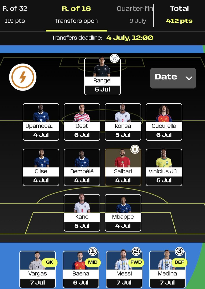 mycaymanfan's tweet photo. Rd 5 of #WCFantasy 🔒 🌎OR 48k
Yamal ➡️ Olise
Vargas ➡️ Baena
Kimmich ➡️ Upamecano
Saliba ➡️ Saibari (sucks he went off early w/a hamstring injury😔)
Gl all💪🏼 #WorldCup #VamosEspaña #PlayItYourWay https://t.co/XfbGfmvQ8V