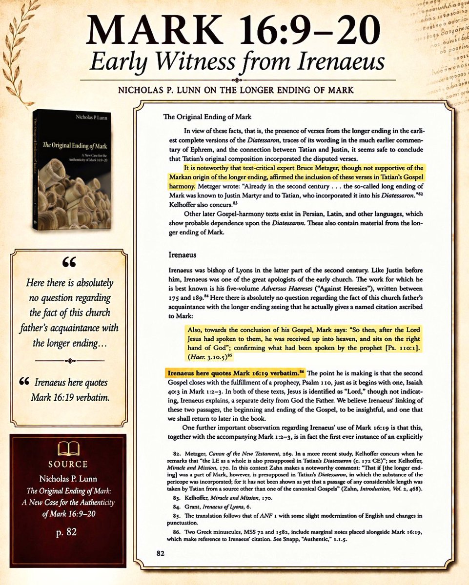 Shadow__Mind_'s tweet photo. Small correction first: the passage
is John 7:53–8:11, not  John 7:5–8:11. 

But the bigger issue is this: you are
turning a complex textual-critical
discussion into an Ehrman meme.

No serious person denies that
Mark 16:9–20 and John 7:53–8:11
have textual difficulties.
The question is what those
difficulties actually prove.

The consensus concerns textual placement and original composition
not whether these traditions were
ancient or known in early Christianity.

For Mark 16:9–20,
this is not “Ehrman settled it”

There is an entire academic volume,
Perspectives on the Ending of Mark:
Four Views, where Robinson
and Black argue for the verses’
authenticity, Elliott and Wallace
argue against originality,
and Bock responds to both sides.

That is a real scholarly debate,
not a Twitter slogan.

And the longer ending is not some late invention.

Irenaeus, writing in the late second century, explicitly quotes Mark 16:19 and attributes the words to Mark.

Nicholas Lunn notes that Irenaeus quotes Mark 16:19 verbatim,
and the foreword to David Hester’s Does Mark 16:9–20 Belong in the New Testament? calls Irenaeus the first indisputable witness to how Mark’s Gospel ended.

For John 7:53–8:11, the same problem appears.

Knust and Wasserman note in To Cast the First Stone that the Didascalia Apostolorum, a third-century church order, gives the earliest explicit Christian reference to an episode involving Jesus and a woman caught in adultery.

And Augustine later says some removed the story from manuscripts out of fear it could be misused
while still treating the passage as genuine.

Even the scholarly discussion
in The Pericope of the Adulteress
in Contemporary Research notes
that this does not negate the fact
that Augustine regards the passage as genuine.

So yes, textual variants exist.

No, that does not prove
“the Bible was forged” 

It proves something much less convenient for the meme:

Christians preserved the evidence,
marked the variants, debated the data, and transmitted the textual history openly.

That is not corruption.

That is textual honesty.