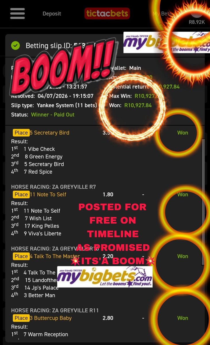 MyBigBets1's tweet photo. ⭐️💲⭐️MYBIGBETS BOOM 💲⭐️💲

🏇🏻🏇🏻🏇🏻🥇🥇🥇🥇🥇🏇🏻🏇🏻🏇🏻🏇🏻🥇🥇

📣Said, the other day there's a massive difference between backing the Top 3 and the Top 4 at same odds, when it comes tIme to BOOM💥💥💥💥💥💥💥💥💥💥💥

   🚨 BUTTERCUP  BABYTOP 4 🚨

⏬️💥⭐️BOOM LINK TICTAC⏬️💲⭐️

https://t.co/Kh034O2bgG… 
🔝PROMO CODE MBB✅️
USE ABOVE LINK PROMO CODE TO CLAIM FREE R200 CASH BET✅️

MYBIGBETS DURBANJULY 💰💰💰

®️ LET THE BOOMS FIND YOU ®️

#MYBIGBETS #HORSERACING #DURBANJULY #JULY #DURBAN  #HorseRacingtips #hollywoodetsdurbanjuly #southafrica