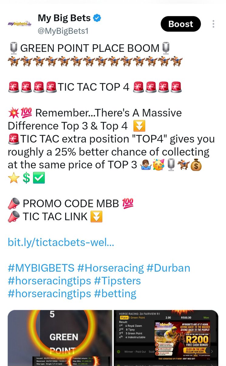 MyBigBets1's tweet photo. ⭐️💲⭐️MYBIGBETS BOOM 💲⭐️💲

🏇🏻🏇🏻🏇🏻🥇🥇🥇🥇🥇🏇🏻🏇🏻🏇🏻🏇🏻🥇🥇

📣Said, the other day there's a massive difference between backing the Top 3 and the Top 4 at same odds, when it comes tIme to BOOM💥💥💥💥💥💥💥💥💥💥💥

   🚨 BUTTERCUP  BABYTOP 4 🚨

⏬️💥⭐️BOOM LINK TICTAC⏬️💲⭐️

https://t.co/Kh034O2bgG… 
🔝PROMO CODE MBB✅️
USE ABOVE LINK PROMO CODE TO CLAIM FREE R200 CASH BET✅️

MYBIGBETS DURBANJULY 💰💰💰

®️ LET THE BOOMS FIND YOU ®️

#MYBIGBETS #HORSERACING #DURBANJULY #JULY #DURBAN  #HorseRacingtips #hollywoodetsdurbanjuly #southafrica