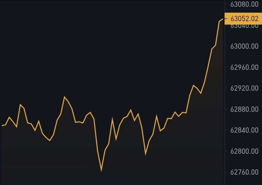 BitcoinMagazine's tweet photo. JUST IN: Bitcoin pumps to $63,052 🚀 https://t.co/rl26tlJSKQ