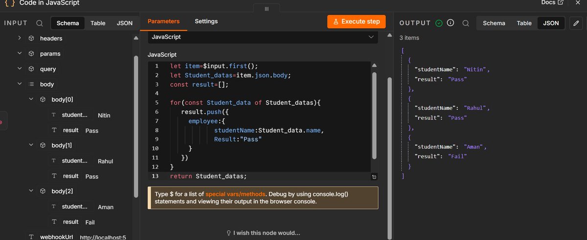 NitinBuildsDev's tweet photo. Day X of learning n8n 🚀

Practiced JavaScript in the Code Node:
• $input.first()
• Loops
• JSON transformation
• Custom API responses
Small progress every day. 💪
#n8n #Automation #JavaScript #BuildInPublic https://t.co/D7CeR0r6zk