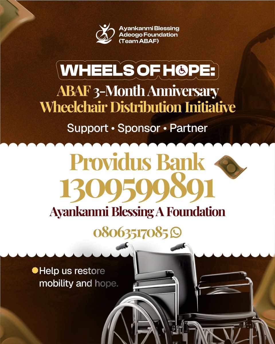 Team_Abaf's tweet photo. Do you know anyone around you who needs a wheelchair but cannot afford one?
As part of our Wheels of Hope: ABAF 3-Month Anniversary Wheelchair Distribution Initiative, we will be providing wheelchairs to deserving beneficiaries in Abuja.

Please repost and share widely you. https://t.co/uTJJdRUzcs