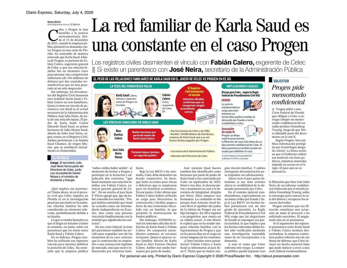 Danielsalcan_'s tweet photo. El reportaje de Expreso es un bombazo. No solo que el video de Neira mostrando información confidencial, podría hacer que el caso en EEUU contra Progen se caiga, sino que ahora Expreso destapó que Neira tiene lazos familiares con Karla Saud, representante de Progen en el país. Léanlo completo. El caso Progen podría estar destapando una red de corrupción totalmente planeada. Lo de Progen se hizo público, pero cabe preguntarse ¿cuántos casos más como este estarán sucediendo en las sombras?