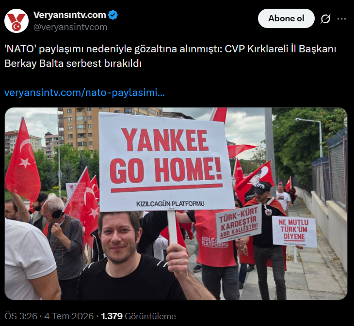 kkayacan's tweet photo. NATO'ya ve emperyalizme karşı boyun eğmeyenlerin iradesi, her türlü baskıdan büyüktür. Vatanseverleri, cumhuriyetçileri susturmaya sizin gücünüz yetmez. Serbest bırakılan CVP Kırklareli İl Başkanı @berkaybalta39 başkana geçmiş olsun dileklerimi iletiyorum. Yaşasın Tam Bağımsız Türkiye!