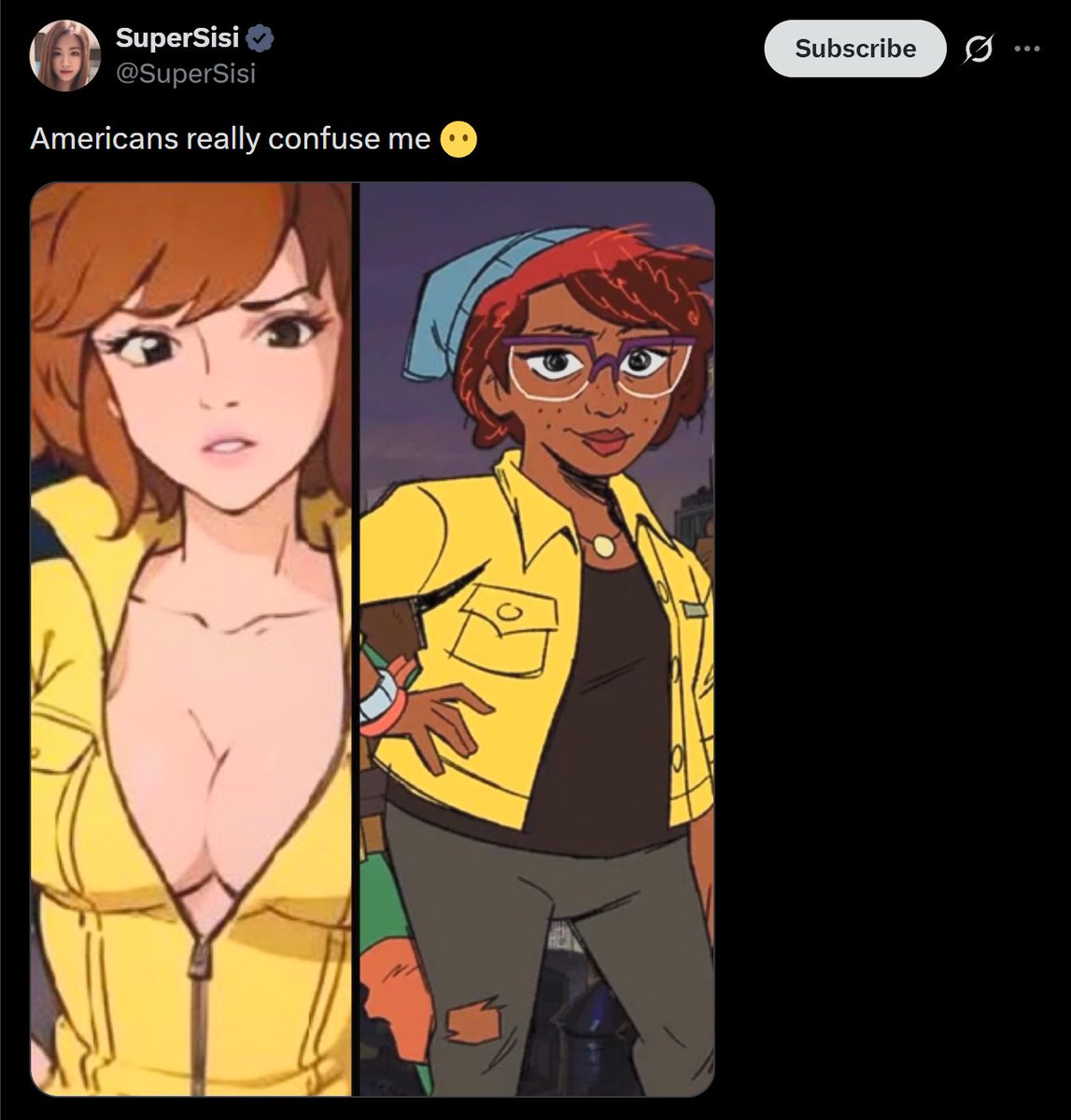 Sir_Dammed's tweet photo. "Americans" didn't ask for that thing on the right. The vast majority of Americans vastly prefer OG April.

What you're seeing is a deliberate attempt to make leftist views on media mainstream. Leftists believe that attractive female characters "perpetuates harmful beauty standards set by the patriarchy."

They therefore want us to stop liking, and expecting, for media to include attractive female characters. But they know our preferences won't just change overnight, so they're exploiting media, video games, etc. in hopes of normalizing "more inclusive" character design. 

While it's just as retarded as it sounds: to some extent it's actually working... as I've seen many otherwise intelligent people defend this sort of design, calling it "art" and excusing it by claiming "realism."