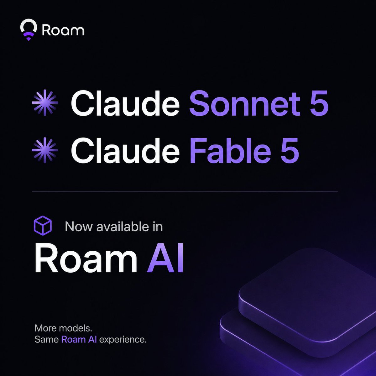 weroamxyz's tweet photo. 💡More models. One workspace.

Access Claude Sonnet 5 and Claude Fable 5 directly in Roam AI.

Compare outputs, explore different strengths, and work the way you prefer.💜 https://t.co/yKKUxz9duw