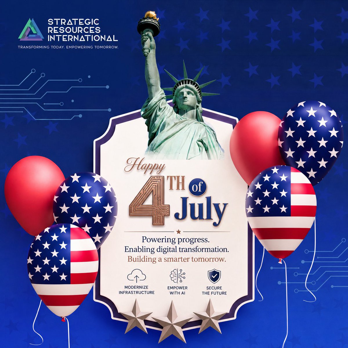 Sriusa1998's tweet photo. Celebrating the freedom to innovate, transform, and build what's next. 🇺🇸
Here's to empowering businesses through technology, AI, and digital transformation.
Happy Independence Day from Strategic Resources International! https://t.co/E5luVuPrRI