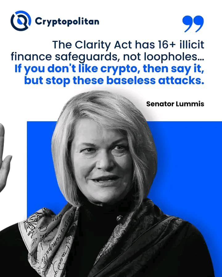 sundaypeter8110's tweet photo. Senator Lummis isn't playing defense quietly.

As the CLARITY Act stalls in the Senate, crypto's most vocal congressional champion is pushing back hard, pointing to 16+ illicit finance safeguards already built into the bill and calling out opponents directly.

Her message to critics was that if your real issue is crypto itself, say so. Stop hiding behind process arguments.

The bill is stalled. The debate is getting louder. And the line between policy opposition and ideological resistance is getting harder to blur.